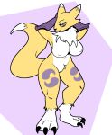  anthro bandai_namco bedroom_eyes big_breasts big_tail breasts digimon digimon_(species) empskit female genitals hands_behind_head hi_res narrowed_eyes nipple_outline nipples nude pubes pussy renamon seductive simple_background smile solo standing white_background 