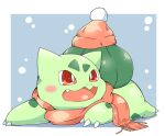  ambiguous_gender blush bulbasaur claws clothing green_body hat headgear headwear nintendo open_mouth pok&eacute;mon pok&eacute;mon_(species) red_eyes scarf solo tatu_wani_(artist) tongue video_games 