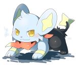  2021 ambiguous_gender black_body black_fur blue_body blue_fur blush electricity feral fur hi_res nintendo paws pok&eacute;mon pok&eacute;mon_(species) scarf shinx simple_background smile solo tatu_wani_(artist) video_games yellow_eyes 