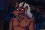  3:2 anthro brooklyn_(gargoyles) ciroking city disney gargoyle gargoyles hair hi_res humanoid male muscular nipples nude red_body serious sfw_nudity signature solo white_hair 