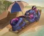 activision anthro beach belly belphegor(oc) beverage blue_body blue_eyes bottomwear bulge catcaterpillar claws clothing comic_book dark_horn dragon drinking_straw eyewear eyewear_on_head fan_character feet hair horn long_snout male palm_tree pink_hair plant purple_belly purple_chest rescued_dragons_(spyro) scalie seaside shorts smile snout solo spyro_the_dragon sunbed sunglasses sunglasses_on_head tail_hair tattoo tree umbrella video_games western_dragon wings 