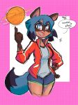  anthro ball basketball_(ball) blue_hair brand_new_animal breasts brown_body canid canine dialogue female hair hi_res kilinah mammal michiru_kagemori raccoon_dog smile solo speech_bubble standing studio_trigger tanuki text thick_thighs wide_hips 