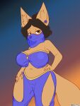  2021 3:4 anthro big_breasts breasts brown_body brown_fur brown_hair canid canine clothing ear_piercing female fennec fox fur genitals hair halcy0n hand_on_hip hand_on_leg hand_on_thigh harem_outfit hi_res looking_at_viewer mammal navel nipples piercing pussy short_hair slightly_chubby smile solo translucent translucent_clothing wide_hips 