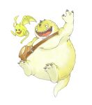  backpack black_eyes chiropteran drackyma dragon dragon_quest fangs horn jargon mammal obese open_mouth overweight scales simple_background slightly_chubby smile square_enix video_games white_background wings yanedx yellow_body yellow_scales yellow_skin 