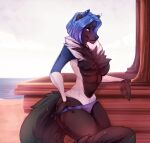  2019 anthro blue_hair breasts canid canine day detailed_background digital_media_(artwork) eyebrows eyelashes female hair hi_res kristiana_puff mammal outside purple_eyes sky smile solo 