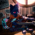  1:1 2021 anthro bass_guitar blaedic blue_body blue_fur boots bottomwear clothed clothing detailed_background digital_media_(artwork) domestic_cat dust english_text felid feline felis female footwear fur guitar head_tuft hi_res inside loose_shirt mae_borowski mammal musical_instrument night_in_the_woods notched_ear outlet pants plucked_string_instrument poster red_eyes shirt sitting solo string_instrument t-shirt text tomboy topwear tuft video_games window yellow_sclera 