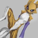  1:1 accessory anthro armwear bandai_namco black_sclera breasts clothing digimon digimon_(species) elbow_gloves female fur glistening glistening_body gloves handwear hi_res looking_at_viewer mammal navel one_leg_up raised_leg renamon ribs simple_background solo tuft x0009000x yellow_body yellow_fur 