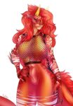  2020 5_fingers anthro areola breasts clothed clothing digital_media_(artwork) dragon ear_piercing ear_ring female fingers genitals hair hi_res horn kristiana_puff looking_at_viewer nipples piercing pussy red_hair smile solo wingless_dragon 