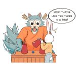  anthro beastars canid canine canis clothed clothing comic dialogue duo eden_fries english_text fangs fully_clothed fur haru_(beastars) lagomorph legoshi_(beastars) leporid mammal open_mouth open_smile rabbit simple_background smile speech_bubble tailwag teeth text white_background wolf 