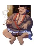  2020 anthro arkross1999 asian_clothing belly bovid bovine brown_body cattle clothed clothing east_asian_clothing fundoshi hi_res horn humanoid_hands japanese_clothing kemono male mammal overweight overweight_male red_clothing red_fundoshi red_underwear sitting solo underwear 