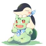  1:1 2021 absurd_res ambiguous_gender blush bulbasaur carrying cyndaquil duo elemental_creature eyes_closed feral flora_fauna green_body hi_res nintendo open_mouth open_smile piggyback plant pok&eacute;mon pok&eacute;mon_(species) red_eyes scarf simple_background sitting smile tatu_wani_(artist) video_games 