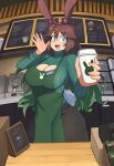 animal_humanoid apron barleyshake big_breasts blue_eyes blush breasts brown_hair cleavage clothed clothing coffee_cup coffee_shop cotton_tail female hair hi_res hollybun humanoid inner_ear_fluff lagomorph lagomorph_humanoid leporid_humanoid long_hair mammal mammal_humanoid menu multicolored_hair rabbit_humanoid smile solo store tuft two_tone_hair uniform 