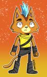  anthro belt black_eyes blue_hair boots bottomwear clothing domestic_cat felid feline felis final_space footwear fur hair kazoko_(artist) little_cato male mammal mohawk orange_background orange_body orange_fur pants pink_nose simple_background sleeveless_turtleneck solo standing ventrexian 