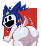  2021 3_fingers absurd_res atlus backsack balls bent_over big_butt black_eyes blue_clothing blue_headwear border bouncing_butt butt clothing cute_fangs demon fangs fingers genitals grey_balls grey_body headgear headgear_only headwear headwear_only hi_res huge_butt huge_thighs humanoid imp jack_frost_(megami_tensei) jerseydevil looking_at_viewer looking_back male megami_tensei mostly_nude no_pupils not_furry open_mouth overweight presenting presenting_hindquarters red_background simple_background solo thick_thighs twerking video_games white_body white_border 