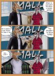  absurd_res anthro bomb canid canine canis clothed clothing comic coyote daxy_(adaxyn) detailed_background dialogue digital_media_(artwork) duo english_text explosives hi_res inside male mall mammal ragey rakuno red_wolf shirt shocked_expression speech_bubble text topwear wolf 