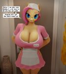  3d_(artwork) anthro anthrofied big_breasts breasts cleavage clothed clothing dialogue digital_media_(artwork) dress english_text equid equine eyewear female fluttershy_(mlp) friendship_is_magic glasses hand_on_hip hasbro hi_res huge_breasts mammal moreuselesssource my_little_pony solo text 