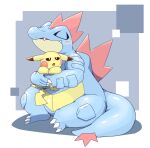  2020 3_toes ambiguous_gender blue_body blush claws dipstick_ears duo eyes_closed feet feraligatr half-closed_eyes hi_res hug multicolored_ears narrowed_eyes nintendo open_mouth pikachu pok&eacute;mon pok&eacute;mon_(species) scalie sitting tatu_wani_(artist) toe_claws toes video_games yellow_body 