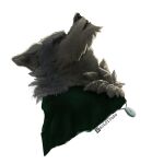  amulet anthro brown_nose canid canine canis cape cheek_tuft chest_tuft chin_tuft clothing eyes_closed facial_tuft far_beyond_the_world_(series) fur goldinggo green_cape grey_body grey_fur hi_res howl male mammal multicolored_body multicolored_fur neck_tuft ranok_(far_beyond_the_world) simple_background solo tuft two_tone_body two_tone_fur video_games visual_novel white_background wolf 