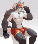  abs absurd_res anthro band-aid bandage biceps bottomwear canid canine canis clothing fingerless_gloves fur gloves hair handwear headgear headwear hi_res male mammal muscular muscular_anthro muscular_male nipples pecs red_eyes scar simple_background solo uiokv wolf 