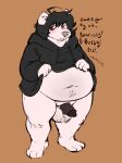  anthro balls belly black_hair blush bottomless clothed clothing doomer_(meme) doomer_bear english_text erection fupa fur genitals hair hi_res hoodie male mammal overweight overweight_male penis sirkayenne solo text topwear ursid white_body white_fur 