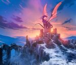  absurdres animal bird cloud cloudy_sky commentary dragon english_commentary grass highres kalmahul mountain no_humans original ruins scenery sky snow sunset wings 