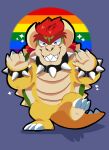  2021 anthro bowser bowser_day bracelet claws collar eyebrows eyes_closed front_view grey_background hair horn jewelry koopa lewdookami lgbt_pride male mario_bros meanookami nintendo on_one_leg pride_color_background pride_colors rainbow_flag rainbow_pride_flag rainbow_symbol scalie shell simple_background six-stripe_rainbow_pride_colors smile solo spiked_bracelet spiked_collar spiked_shell spikes spikes_(anatomy) standing star symbol teeth video_games 