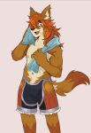 absurd_res after_exercise anthro bodily_fluids bottomwear canid canine caninu canis clothing cyberconnect2 domestic_dog hair hi_res little_tail_bronx long_hair male mammal navel nipples red_savarin shorts solatorobo solo sweat thesketchfox towel video_games 