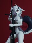  3:4 3d_(artwork) anthro barrett barrett_m82 big_breasts bipod blender_(software) breasts canid canid_demon canine canis demon digital_media_(artwork) female fur genitals grey_body gun hair hellhound helluva_boss hi_res holding_gun holding_object holding_weapon looking_at_viewer loona_(vivzmind) mammal nexiv_foxclaw nipples nude pinup pose pussy ranged_weapon red_sclera rifle scope seductive simple_background smile sniper sniper_rifle solo weapon white_body white_eyes white_fur 