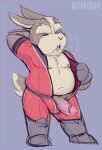  anthro belly bitebox64 bodysuit clothing eyebrows genitals half-erect hare lagomorph leporid male mammal mature_male navel nintendo nipples overweight penis peppy_hare skinsuit solo star_fox thick_eyebrows tight_clothing undressing video_games 