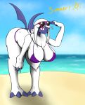  absol absurd_res anthro azta_serenade beach big_breasts big_butt bra breasts butt canid canine claws clothing eyelashes eyewear female finger_claws fur grey_body hair hi_res horn looking_at_viewer mammal nintendo pink_eyes pok&eacute;mon pok&eacute;mon_(species) sand sea seaside semi-anthro solo standing sunglasses swimwear text thick_thighs toe_claws topwear underwear video_games vvmilotic water white_body white_fur wide_hips 