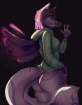  2019 5_fingers anthro breasts butt_pose canid canine clothed clothing digital_media_(artwork) eyebrows eyelashes female fingers hair hi_res kristiana_puff mammal pose purple_hair solo 