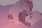  anthro bed bedding blanket canid canine canis collie cuddling dark domestic_dog duo fur furniture hair herding_dog intimate invalid_tag luke_reinhard male male/male mammal pastoral_dog pillow pink_hair sheepdog white_body white_fur wolf 