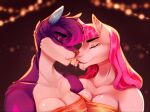  2018 anthro bodily_fluids breasts canid canine cleavage clothed clothing dg digital_media_(artwork) duo equid equine eyebrows eyes_closed female female/female fur hair highlights_(coloring) horn interspecies kissing kristiana_puff mammal pink_hair pink_highlights purple_body purple_fur purple_hair saliva tongue tongue_out unicorn white_body white_fur 