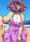  absurd_res anthro big_breasts breasts cervid cleavage clothed clothing dress eyewear female fully_clothed green_eyes hair handbag hat headgear headwear hi_res horn mammal one_eye_closed open_mouth pink_clothing pink_dress pink_hair public selfie slightly_chubby solo sun_hat sundress sunglasses the_dogsmith wink 