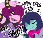  2018 ambiguous_gender anthro blue_body blue_hair blue_skin clothing colored_nails deltarune dialogue digital_media_(artwork) duo english_text female friisans hair hi_res kris_(deltarune) long_hair musical_note nails pink_body pink_hair pink_skin reptile scalie singing susie_(deltarune) text video_games 