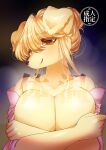  2019 5_fingers anthro big_breasts blonde_hair breasts brown_nose bust_portrait canid canine canis clothing cover cover_art cover_page covering covering_breasts covering_self digital_media_(artwork) domestic_dog female fingers fur hair hair_bun hi_res huge_breasts japanese_text kemono lemoco looking_at_viewer mammal portrait shaded smile solo text translated translated_description undressing yellow_body yellow_eyes yellow_fur 