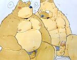  2021 anthro belly blush brown_body brown_fur canid canine canis domestic_dog duo erection eyes_closed foreskin fur genitals hi_res humanoid_genitalia humanoid_penis kemono male male/male mammal micropenis moobs navel nipples overweight overweight_male penis pubes sitting small_penis suishou0602 uncut 
