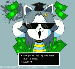  animated canid canine clothed clothing darkmirrormo23 eyebrows eyewear felid feline hair hi_res mammal money open_mouth raised_eyebrow short_playtime simple_background sunglasses tem temmie_(undertale) text topwear undertale video_games white_body 