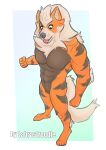  absurd_res anthro anthrofied arcanine black_eyes blush body_hair canid canine fluffy fur hi_res labrastroodle male mammal markings muscular muscular_anthro muscular_male nintendo orange_body orange_fur pok&eacute;mon pok&eacute;mon_(species) simple_background smile solo tongue video_games 