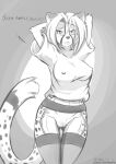  anthro blacklite bottomless breasts cheetah clitoris clothed clothing erect_nipples felid feline female garter_belt garter_straps genitals hands_behind_head hi_res jessica_(blacklite) legwear looking_at_viewer mammal monochrome nipple_outline nipples pussy sketch solo stockings sweater topwear 