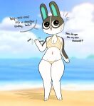  animal_crossing anthro beach big_eyes breasts cheek_tuft cleavage clothed clothing dialogue dotty_(animal_crossing) english_text facial_tuft female female_focus flat_chested gesture guronolock handpaw hi_res lagomorph leporid looking_at_viewer mammal navel nintendo open_mouth paws rabbit seaside shadow smile solo standing swimwear text thick_thighs tuft video_games waving wide_hips 