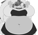  2019 5_fingers anthro belly belly_squish big_belly big_breasts bottomwear breasts clothed clothing collar digital_media_(artwork) dragon eyewear female fingers fur furred_dragon glasses half-closed_eyes hi_res looking_down monochrome narrowed_eyes navel noirbutt overweight overweight_anthro overweight_female simple_background smile solo spiked_collar spikes squish topwear white_background wide_hips 
