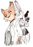  anthro canid canine disney duo female fox green_eyes gun hand_in_pocket holding_gun holding_object holding_weapon judy_hopps lagomorph leporid mammal memegmu midriff nick_wilde open_mouth open_smile pockets purple_eyes rabbit ranged_weapon red_fox simple_background smile weapon white_background zootopia 