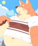  0119_muu 2021 anthro belly big_belly blush bodily_fluids canid canine canis clothing domestic_dog eyes_closed hi_res kemono male mammal navel outside overweight overweight_male shirt solo sun sweat topwear 
