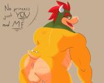  5:4 anthro anus balls bowser butt charlieleobo dialogue digital_media_(artwork) genitals hair hi_res horn humanoid_genitalia humanoid_penis koopa looking_at_viewer male mario_bros musclegut muscular muscular_anthro muscular_male nintendo nude open_mouth penis reptile scalie simple_background smile solo spikes text tongue video_games 