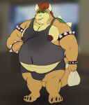  2021 absurd_res anthro armband bag belly big_belly blurred_background bottomwear bowser bowser_day bracelet bulge clothing eyebrows hair hi_res holding_bag holding_object horn jewelry koopa male mario_bros moobs narrowed_eyes navel nintendo nipple_outline nipples obese obese_anthro obese_male overweight overweight_anthro overweight_male raised_eyebrow scalie shell shirt shorts smile smirk solo spiked_armband spiked_bracelet spiked_shell spikes spikes_(anatomy) standing tank_top tcw topwear video_games 