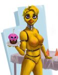  2021 animatronic anthro avian bird breasts chica_(fnaf) chicken duckhere female five_nights_at_freddy&#039;s furniture galliform gallus_(genus) genitals hi_res inverted_nipples machine nipples orange_eyes phasianid purple_eyes pussy robot table tablecloth video_games white_sclerea yellow_body 