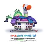  2016 ambiguous_gender black_eyes clothing cryptid-creations digital_media_(artwork) english_text feral footwear green_body humor laundry laundry_basket loch_ness_monster pun shaded simple_background smile sock_puppet socks solo tail_sock text url visual_pun white_background 