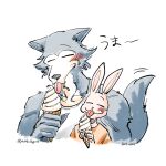  1:1 2021 anthro beastars blush bust_portrait canid canine canis clothed clothing dessert duo eating eyes_closed female food fur haru_(beastars) hi_res holding_food holding_object ice_cream japanese_text lagomorph legoshi_(beastars) leporid licking male mammal motion_lines portrait rabbit shirt simple_background smile tailwag tank_top text tongue tongue_out topwear translated url white_background wolf yuzuki_fang111 