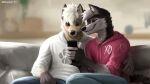  16:9 anthro canid canine canis clothed clothing cuddling duo geewolf intimate male male/male mammal phone widescreen wolf 